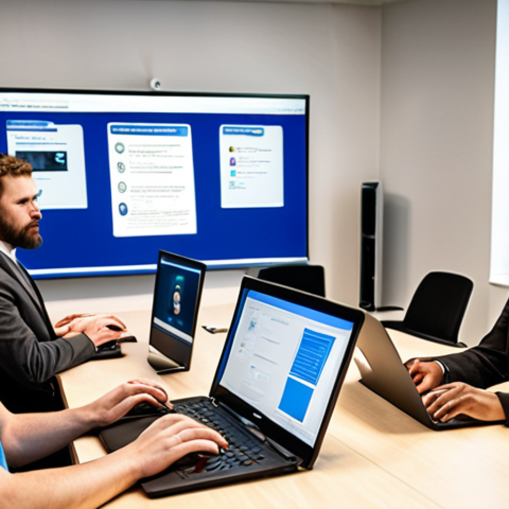 **A diverse group of employees participating in a cybersecurity training workshop. Focus on engaged expressions, laptops displaying security concepts, and a modern office environment. Consider adding a presentation screen showcasing phishing email examples.**