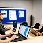 **A diverse group of employees participating in a cybersecurity training workshop. Focus on engaged expressions, laptops displaying security concepts, and a modern office environment. Consider adding a presentation screen showcasing phishing email examples.**
