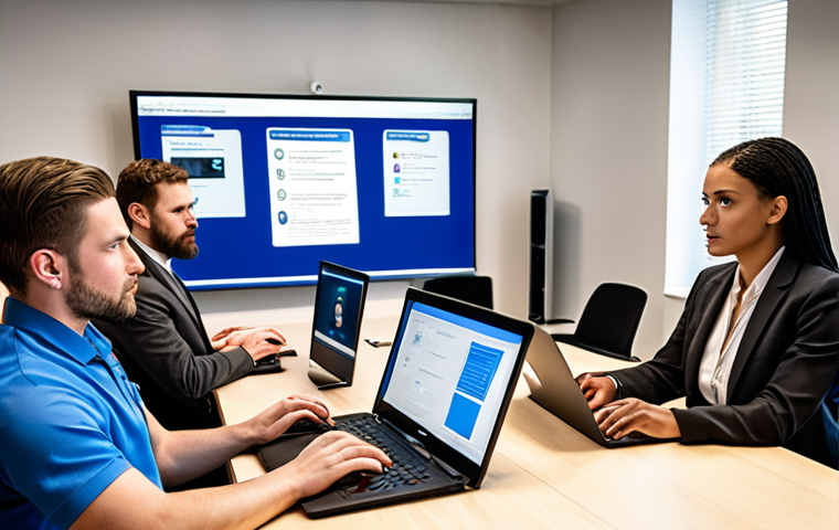 **A diverse group of employees participating in a cybersecurity training workshop. Focus on engaged expressions, laptops displaying security concepts, and a modern office environment. Consider adding a presentation screen showcasing phishing email examples.**