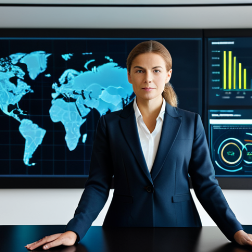 A confident female CEO in a modest, professional business suit, standing at the head of a sleek, modern corporate boardroom table. A large, high-resolution digital screen behind her displays an abstract, clean visualization of interconnected network data, symbolizing cybersecurity strategy, not threats. She has a natural, thoughtful pose, gesturing subtly towards the screen. The scene conveys a sense of strategic control, security, and forward-thinking leadership. Perfect anatomy, correct proportions, well-formed hands, proper finger count, natural body proportions. Professional photography, high quality, sharp focus, fully clothed, appropriate attire, modest clothing, professional dress, safe for work, appropriate content, professional.
