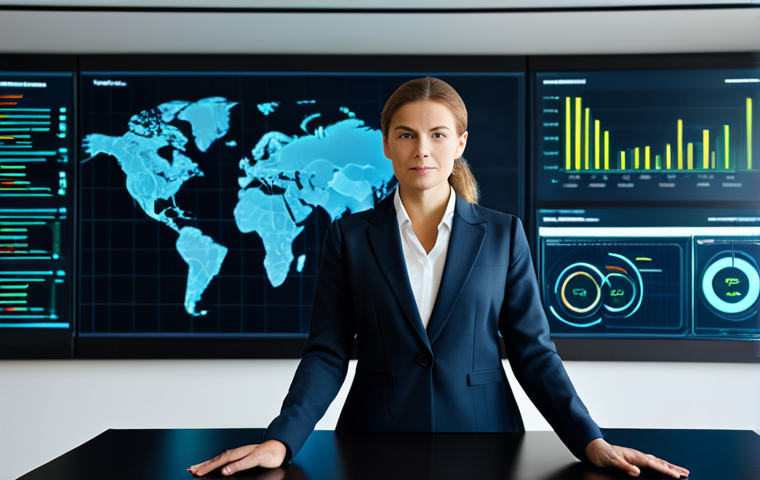A confident female CEO in a modest, professional business suit, standing at the head of a sleek, modern corporate boardroom table. A large, high-resolution digital screen behind her displays an abstract, clean visualization of interconnected network data, symbolizing cybersecurity strategy, not threats. She has a natural, thoughtful pose, gesturing subtly towards the screen. The scene conveys a sense of strategic control, security, and forward-thinking leadership. Perfect anatomy, correct proportions, well-formed hands, proper finger count, natural body proportions. Professional photography, high quality, sharp focus, fully clothed, appropriate attire, modest clothing, professional dress, safe for work, appropriate content, professional.