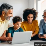 Home 19 사이버 보안 인식 프로그램에 대한 일반인 인식 조사 - A diverse group of Portuguese people from different generations gathered around a laptop and smartph...