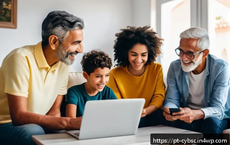 사이버 보안 인식 프로그램에 대한 일반인 인식 조사 - A diverse group of Portuguese people from different generations gathered around a laptop and smartph...