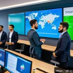 Home 18 사이버 보안 인식 교육을 위한 게임과 시뮬레이션 활용 - A modern corporate training room with diverse Brazilian professionals actively engaging in a cyberse...
