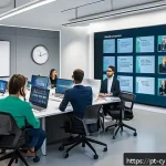 Home 23 사이버 보안 인식 프로그램에 대한 자주 묻는 질문 - A modern corporate training room filled with diverse employees attentively participating in an inter...