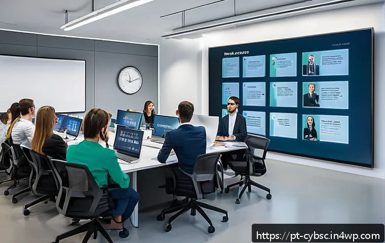 사이버 보안 인식 프로그램에 대한 자주 묻는 질문 - A modern corporate training room filled with diverse employees attentively participating in an inter...