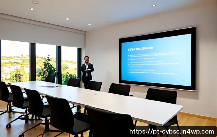 Home 30 기업을 위한 사이버 보안 인식 교육 커리큘럼 - Photorealistic corporate cybersecurity awareness training workshop in a modern Lisbon office, divers...